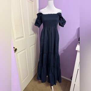Tory Burch Navy Gathered Off the Shoulder Maxi Dress